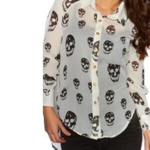 Mona B Women Cream Black Skull Print Sheer button Blouse Top Creepy Emo Medium